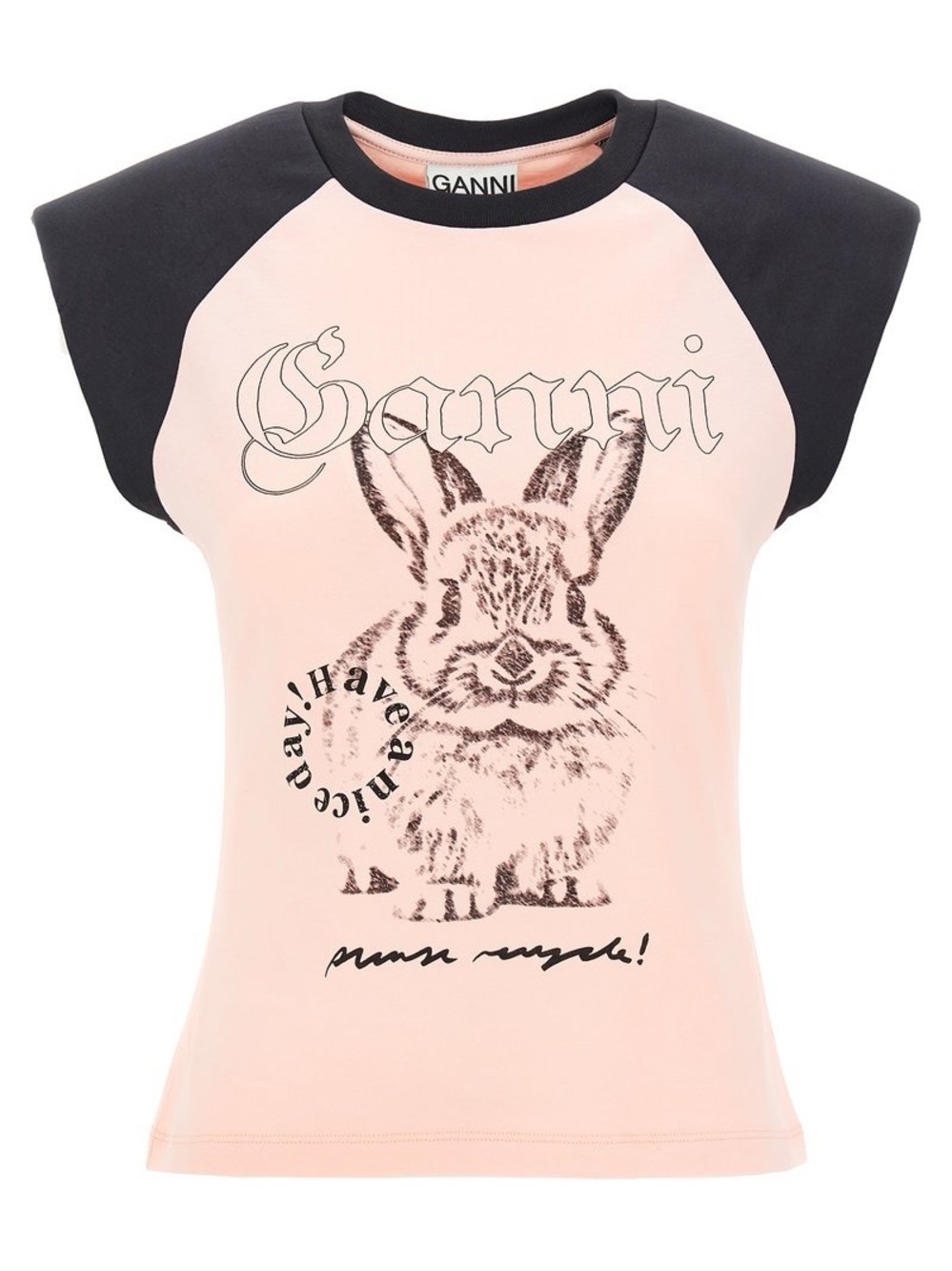 GANNI Pink Bunny Raglan Cap Sleeves Graphic Tee Shirt